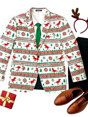 OppoSuits Christmas Dino Blazer Red Green Novelty Holiday Party Jacket Mens 46